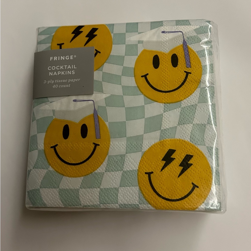 New 40 Fringe Cocktail Napkins 3-Ply Tissue Paper 5" x 5" "Smiley Grad"